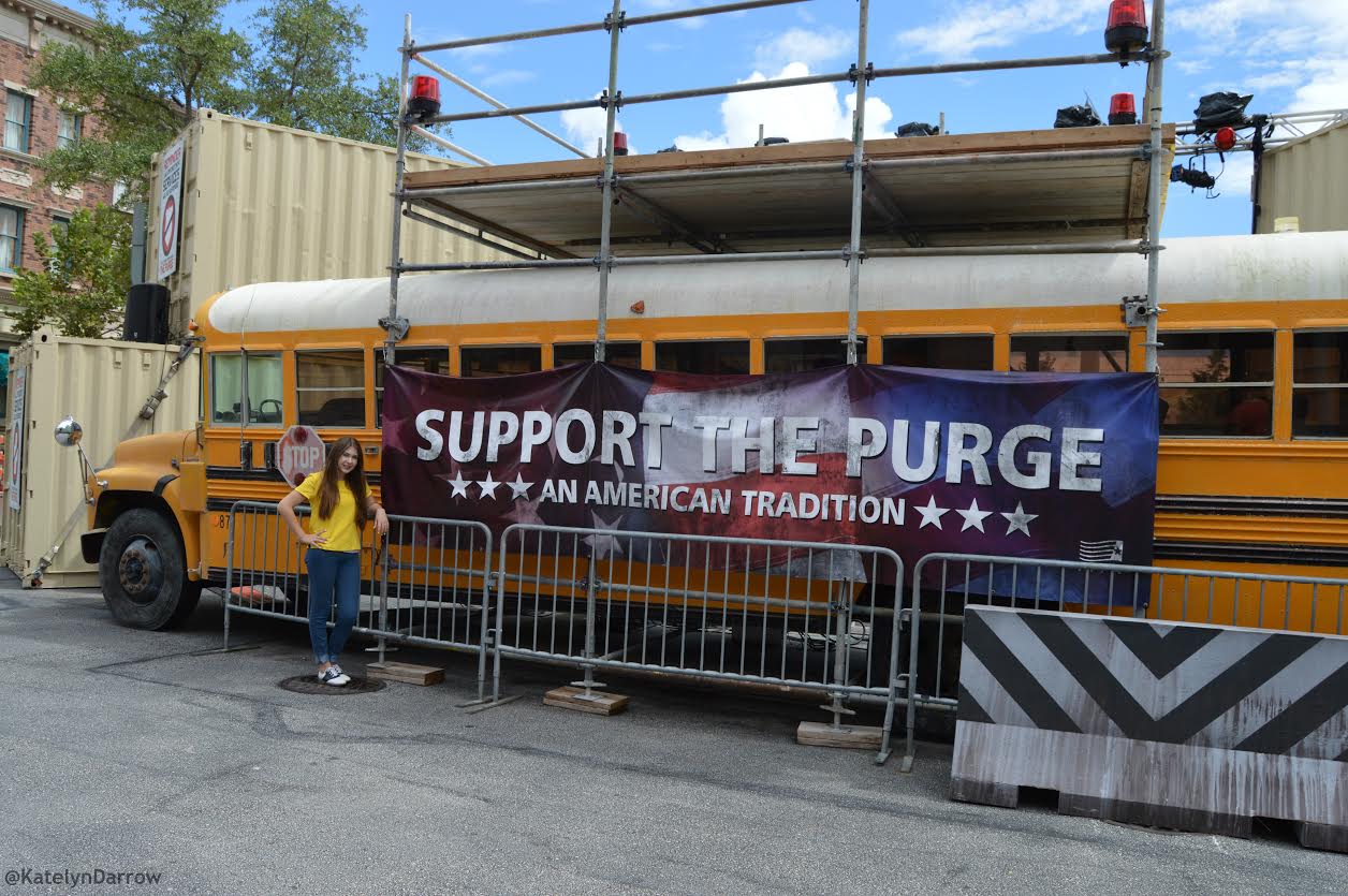 Posing with the "Support the Purge" bus. The sets were extremely realistic!